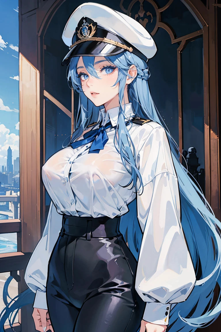 (masterpiece), best quality, seductive eyes, mature woman, blue eyes, long blue hair, long eyelashes, white shirt, black pants, peaked cap, big breast, anime cover, 1girl
