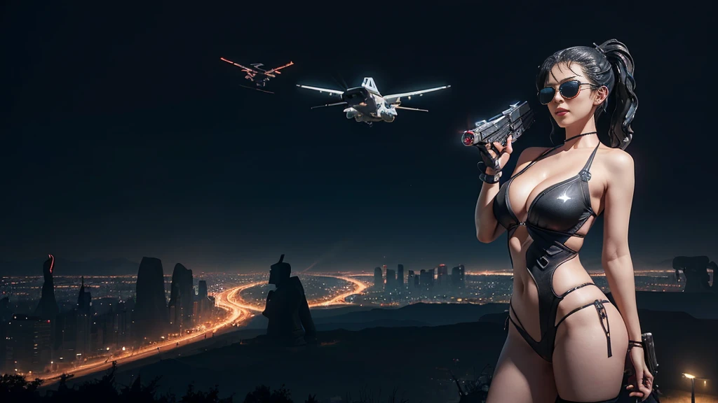 At night, dark sky, aerial view of fantasy cyberpunk style Moai-statue city, ((flying vehicle)). (1girl, solo), photo realistic, medium-breast:1.1 slim body, cleavage, sexy clothes, (black sunglasses), (((hip-up standing aiming pistol pose))), half-body thigh level medium shot, cinematic lighting.