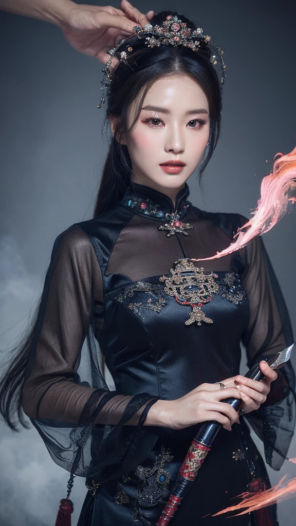 （lifelike， high resolution：1.3）， close up，Sense of story，Realism，Chinese aesthetics，An ethereal Chinese witch，Dressed in sexy and charming clothes，Holding a ninja blade surrounded by obsidian smoke，Subtle dark smoke and fog effects、Precise facial contours、Digital fantasy masterpiece evokes enchantment。