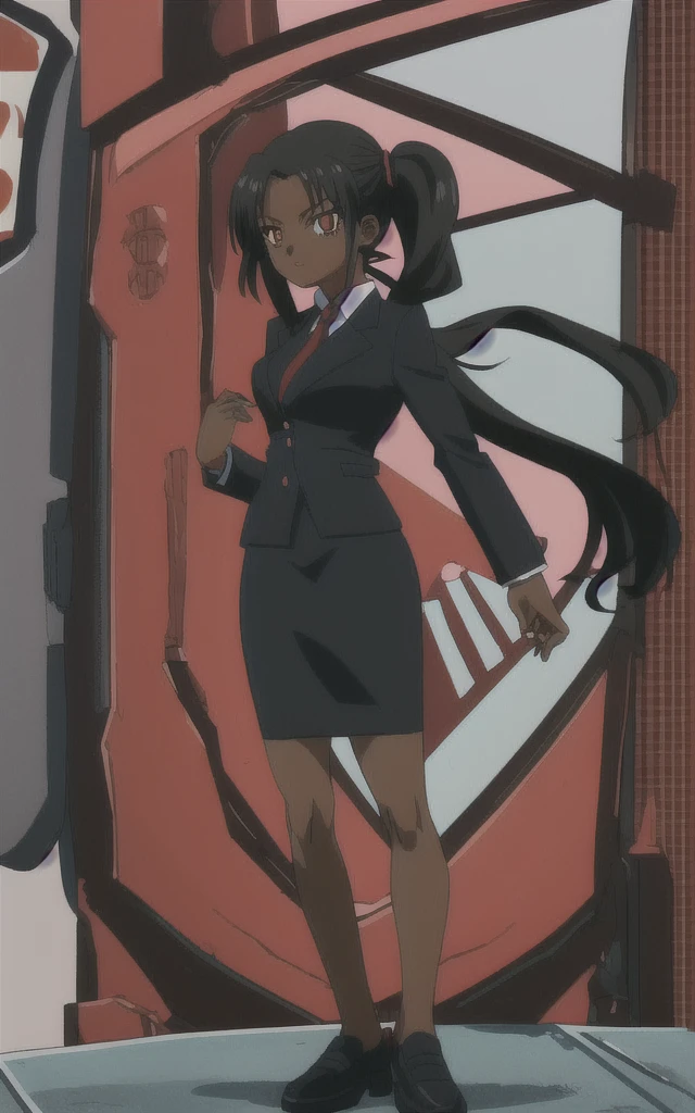 90s anime black skinned business girl in a red blazer skirt suit with a blouse underneath