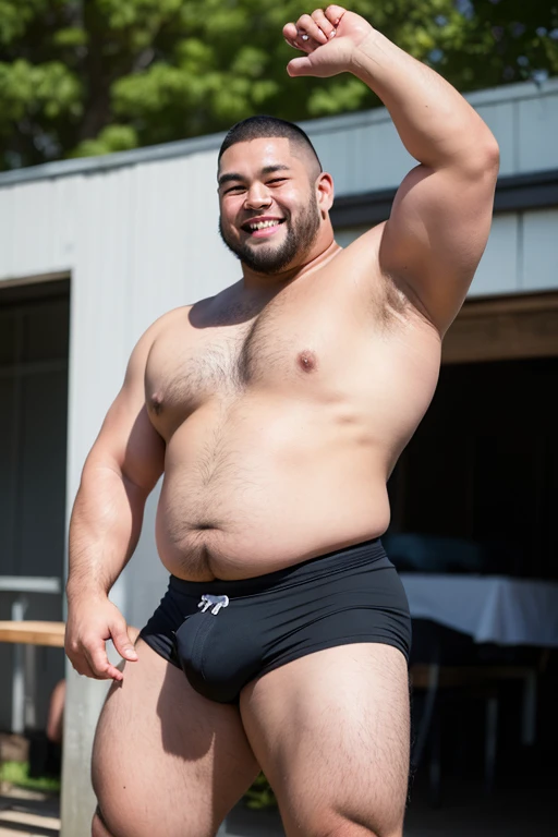 ((highest quality)), ((masterpiece)), (detailed), ((Perfect Face)), 4k, Shaved head, Young Japanese, Muscular, Fat body, Very big man, smile, ((showing off crotch))A large Japanese man topless、whole body、Rugby last week、Thick legs、Thick arm muscles、Intimidating、whole body、wearing a very tight black shorts