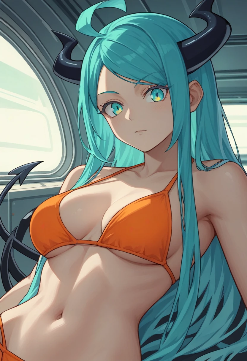 score_9, score_8_up, score_7_up,1 daemon woman, black  horns, black demon tail, (aquamarine hair),aquamarine green color hair,ahoge, long hair, (long hair),bangs, light orange bikini, bikini is orange, bikini orange, orange bikini!, (aquamarine eyes), background is spaceship, aquamarine eyes, 1woman ,facing viewer, daemon girl,  close up,Well-endowed, alone, Spacecraft interior, sexy pose