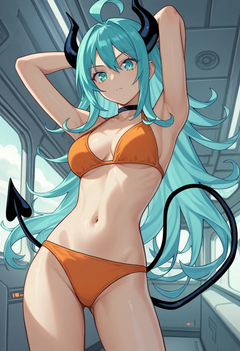 score_9, score_8_up, score_7_up,1 daemon woman, black  horns, black demon tail, (aquamarine hair),aquamarine green color hair,ahoge, long hair, (long hair),bangs, light orange bikini, bikini is orange, bikini orange, orange bikini!, (aquamarine eyes), background is spaceship, aquamarine eyes, 1woman ,facing viewer, daemon girl,  close up,Well-endowed, alone, Spacecraft interior, sexy pose