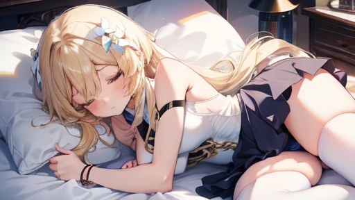 best quality，Super detailed，Perfect limbs，floor、mini skirt，Clothes with intricate details，Bright，Swimsuit，one person，blond，Sexy、Deep sleep、long hair、Stockings