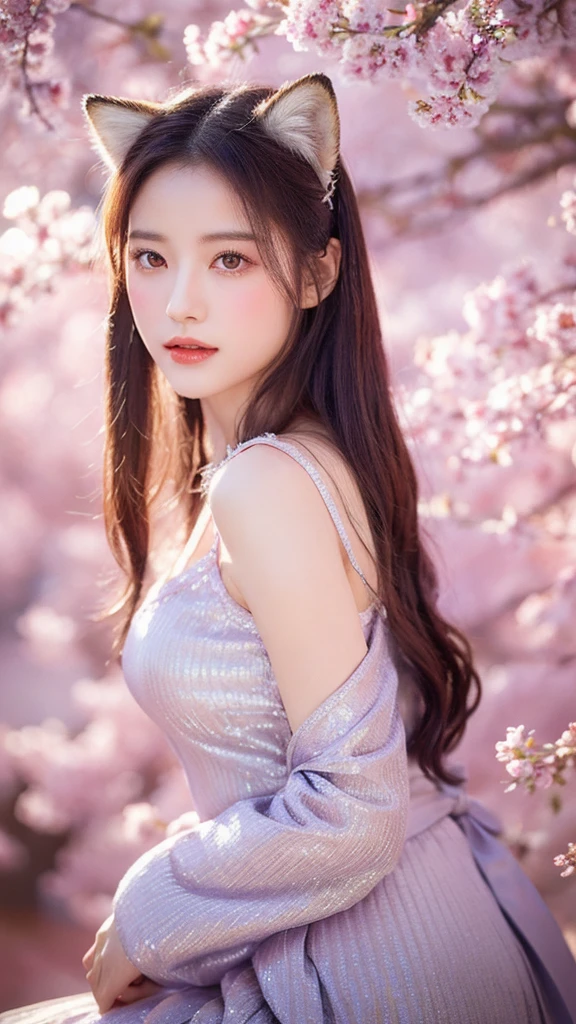 (lifelike, high resolution:1.3), close up,Sense of story,Realism,Chinese aesthetics,Portrait,Photography,8K,A gentle and mysterious fox demon,Deep eyes and seductive,Dressed in gorgeous period costumes,Slim and graceful figure。She sat under the old cherry tree,Surrounded by light pink petals,The moonlight casts a soft silver light。The painting style is elegant,Detailed depiction of fox ears and fluffy tail,Use soft pink tones,Create a dreamy and romantic atmosphere