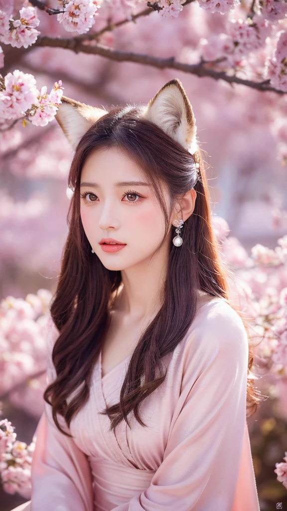 (lifelike, high resolution:1.3), close up,Sense of story,Realism,Chinese aesthetics,Portrait,Photography,8K,A gentle and mysterious fox demon,Deep eyes and seductive,Dressed in gorgeous period costumes,Slim and graceful figure。She sat under the old cherry tree,Surrounded by light pink petals,The moonlight casts a soft silver light。The painting style is elegant,Detailed depiction of fox ears and fluffy tail,Use soft pink tones,Create a dreamy and romantic atmosphere