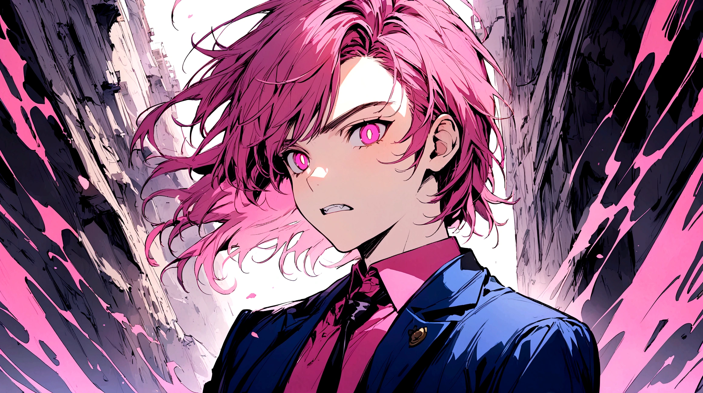 Beautiful youth,One Man,16 years old,Upper Body,Jagged teeth,Dark pink hair,The bangs are down, The right sideburn is braided,Cat-like narrow pupils,Black and pink eyes,black and blue fitted suit,
