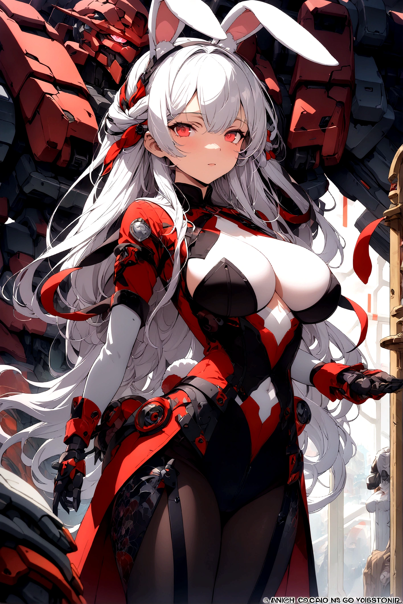 (masterpiece, Top quality, best quality, Official Art, Beauty and aesthetics: 1.2), Very detailed, Fractal Art, rich and colorful, Most detailed, tangled, (1 Girl), White hair, Long hair, (Glittering red eyes), Large Breasts, mystery, (magic), Tights, Sexy, (Mecha, Rabbit ears)