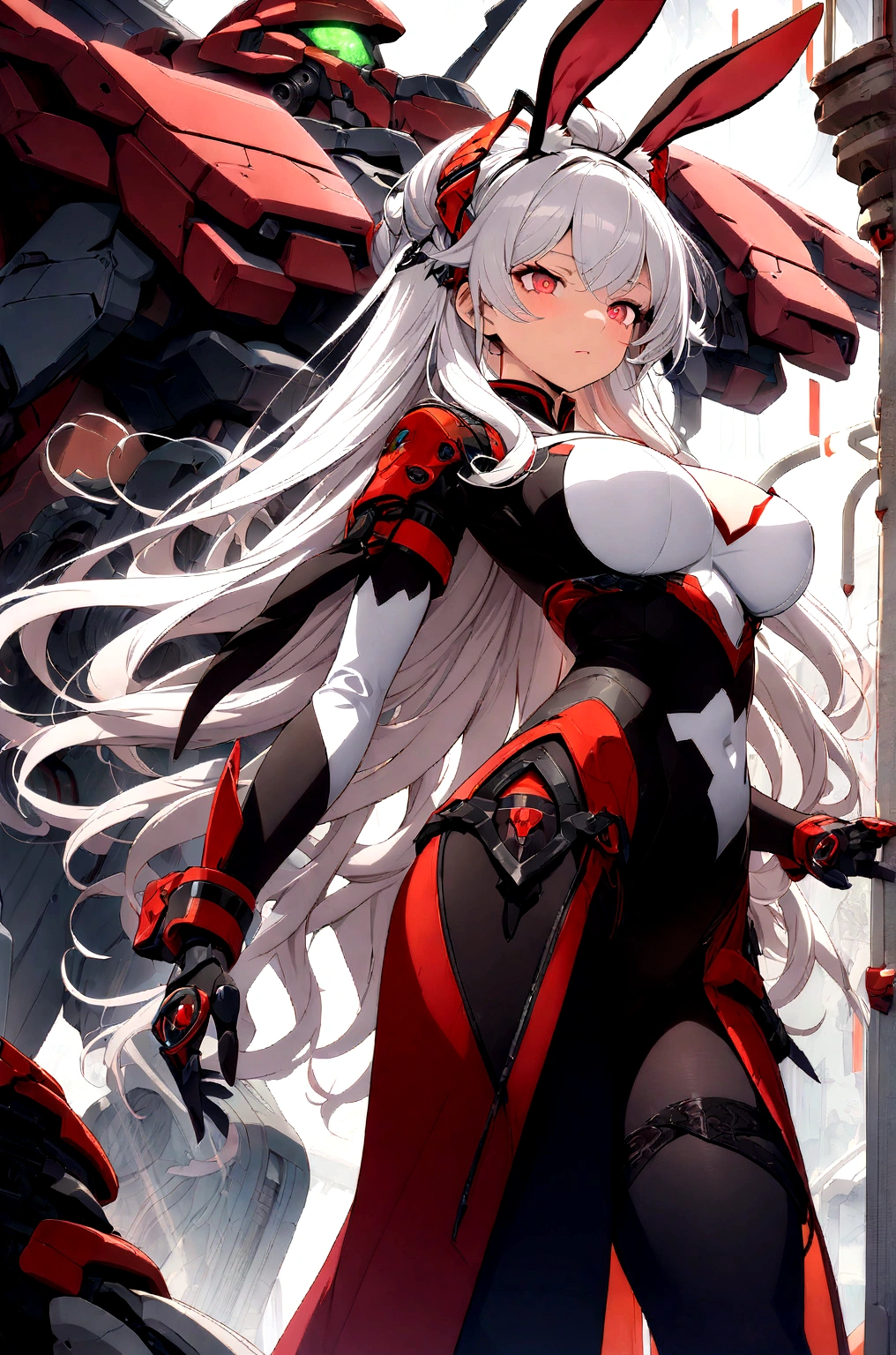 (masterpiece, Top quality, best quality, Official Art, Beauty and aesthetics: 1.2), Very detailed, Fractal Art, rich and colorful, Most detailed, tangled, (1 Girl), White hair, Long hair, (Glittering red eyes), Large Breasts, mystery, (magic), Tights, Sexy, (Mecha, Rabbit ears)