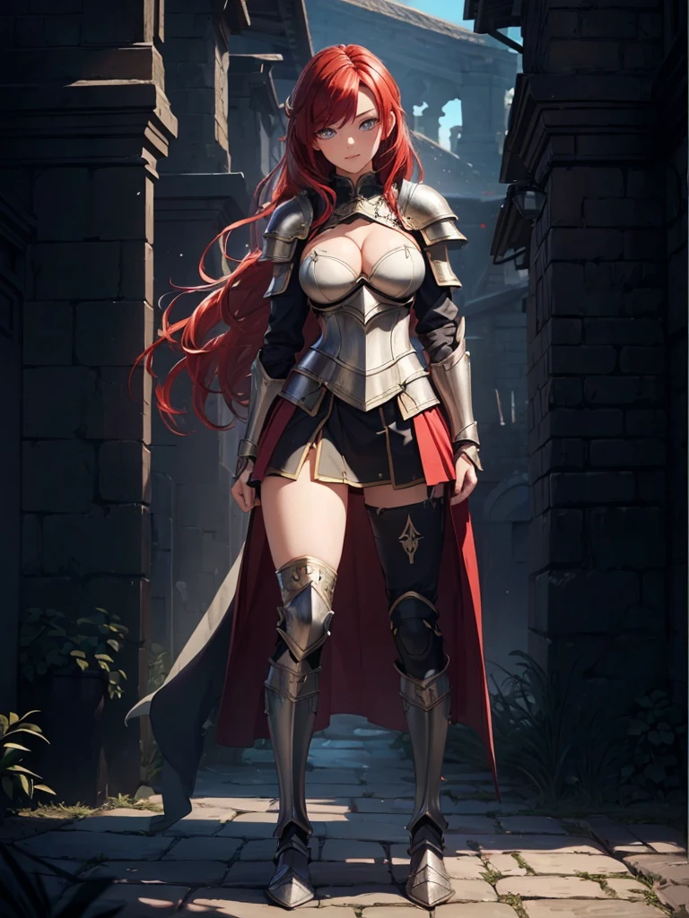 ((1girl, solo)), beautiful body, (perfect anatomy, perfect body, perfect hands, perfect legs), (five fingers:1.5), natural proportions, y body, large breowboy shot BREAK
((extremely detailed face)), (beautiful detailed eyes:1.6), (realistic pupils, realistic iris:1), expressive eyes, looking at viewer, (clear eyes:1.3), (hyperrealistic:1.2), (detailed skin texture:1.2), smooth skin, (red hair:1.5), brown eyes, long hair, parted bangs, (hair over right eye:1.5), (detailed lips:1.2), (attractive lips:1.1), (glossy lips:1.1), (smile), perfect face, perfect eyes BREAK
female knight, long sleeves, (fantasy armor:1.5), (cleavage:1eastplate:1.3), der armor:1.2), (arm guard:1.3), armor gloves, (micro mini skirt:1.5), zettai ryouiki, thighs, thighhighs, (greaves:1.3), armored boots, belt BREAK
(outdoors:1.5), (day:1.3), town, trees, (shade of trees:1.2), medieval, (fantasy setting:1.5) BREAK
(masterpiece:1.5), anime-style, top quality, best quality, (beautiful and aesthetic:1.2), (ultra detail:1.5), Ultra-detailed depiction, Ultra-precise depiction, extremely detailed 8k illustration, high resolution, (highly detailed shading:1.2), (realistic lighting:1.4), perfect lighting, vibrant colors, dynamic tones, striking hues, 8k, absurd resolution, perfect shadows, hdr, UHD, ambient lighting, realistic, ultra-realistic, photo realistic, highly detailed, rich detail, luminous colors, fine texture, intricate design, professional illustration, (soft light:1.2), (illustration:0.7)