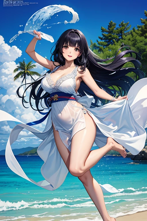 (Highest quality、masterpiece、High resolution、8K)、Vibrant colors、1 Female、Long black hair、Miho no Matsubara、Old Japan、Hagoromo Legend、whole body、barefoot、Beautiful woman in white lace dress jumps high、Official Art、The background is the sea、blue sky、Wide sandy beach、Large pine forest、