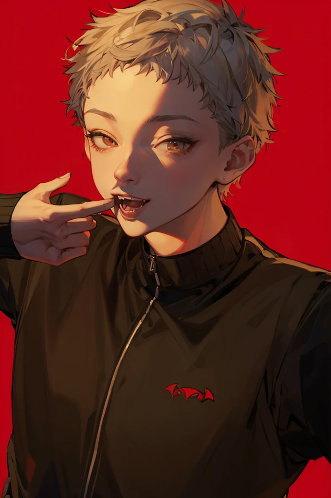 Short-haired man、Show your fangs,Pull the corners of your mouth with your hands、Black Jersey、Gray Hair