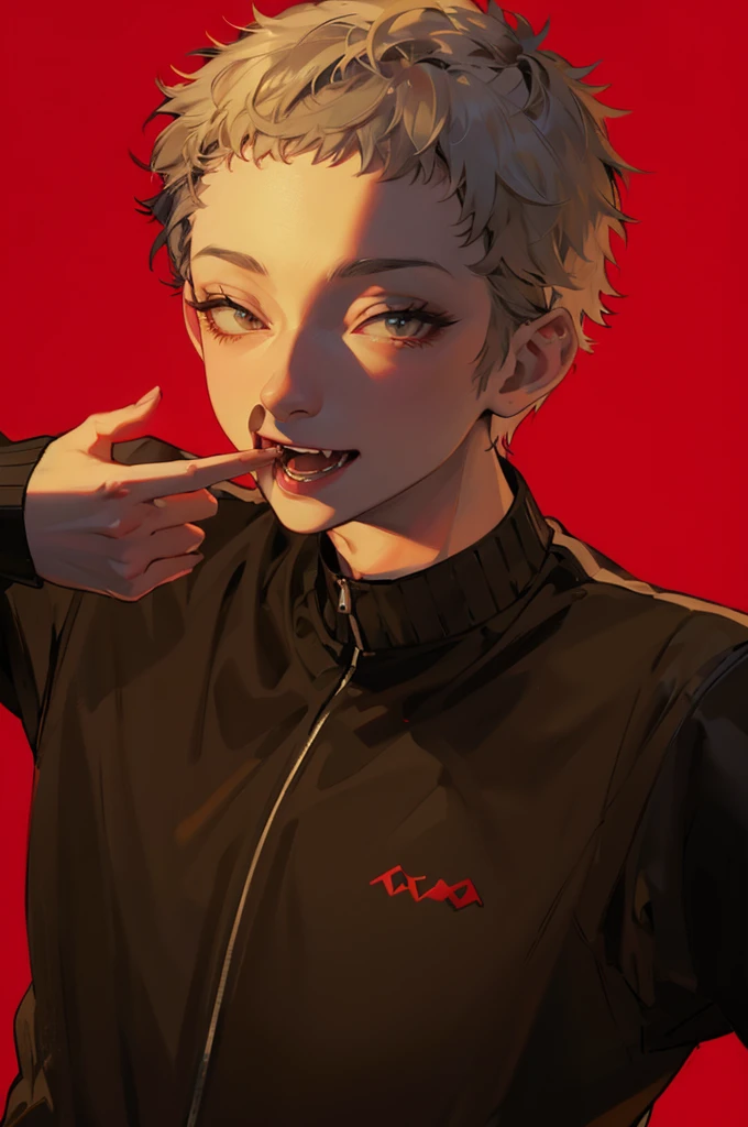 Short-haired man、Show your fangs,Pull the corners of your mouth with your hands、Black Jersey、Gray Hair