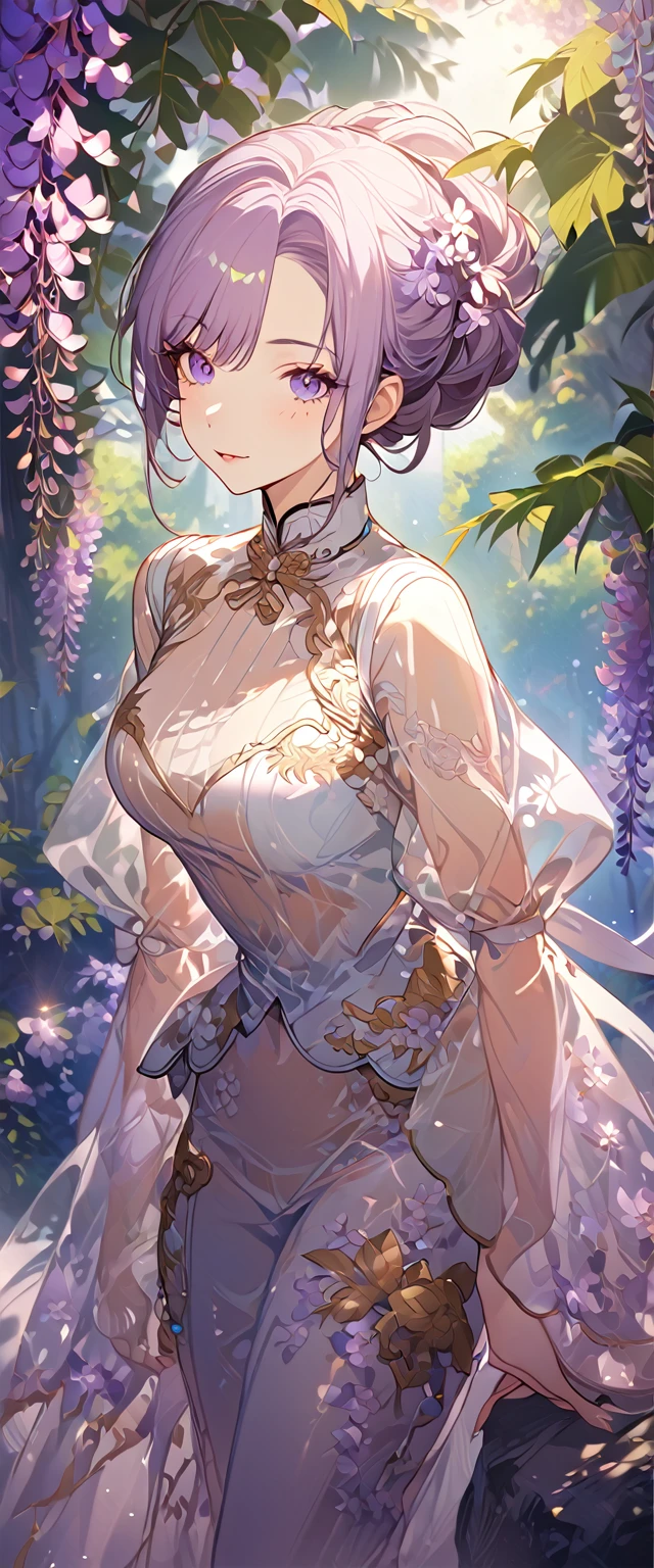 wisteria flower, wisteria tree, wisteria background, 8k ,4k , best quality, high quality, masterpiece, transparent clothes, embroidery clothes, big chest, all kind of hairstyle, inspired by Asukaziye artist : ask, art style : ask