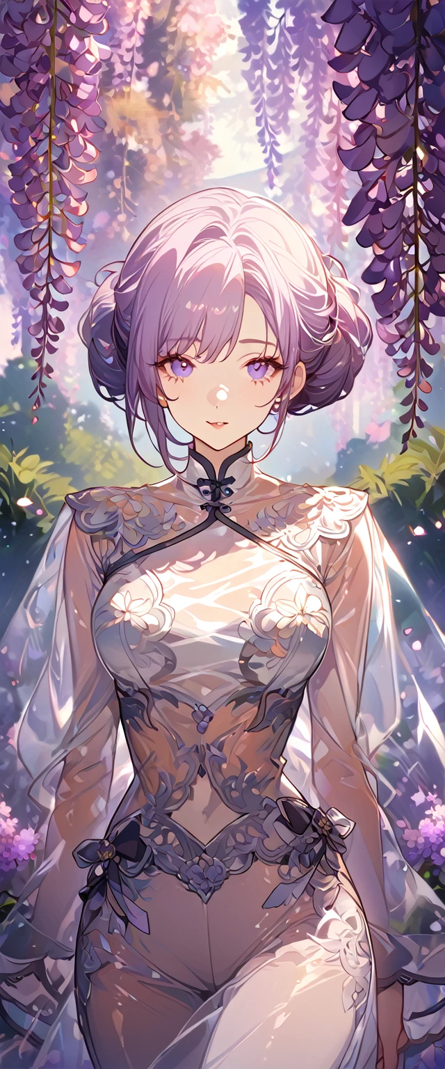wisteria flower, wisteria tree, wisteria background, 8k ,4k , best quality, high quality, masterpiece, transparent clothes, inspired by Asukaziye artist : ask, art style : ask