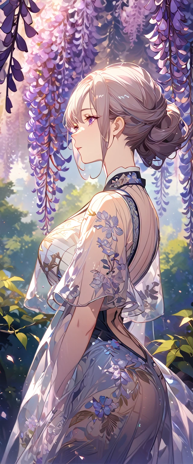 wisteria flower, wisteria tree, wisteria background, 8k ,4k , best quality, high quality, masterpiece, transparent clothes, embroidery clothes, big chest, all kind of hairstyle, inspired by Asukaziye artist : ask, art style : ask