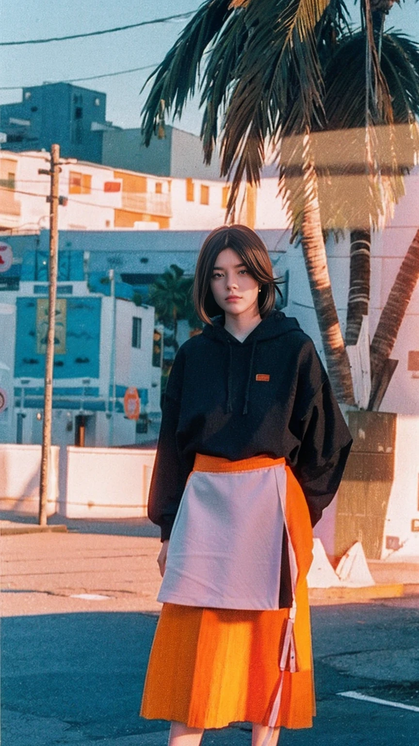 analog film photo cinematic photograph long shot portraits by Wes Anderson, cute 23 yo girl ,fokus, bokeh ,wear ((orange color oversized_hoodie)), wear ((purple tennis skirt)),looking front,Best Quality,Masterpiece,Ultra High Resolution,(Realisticity:1.4),Original Photo, 1Girl, light leak,ultra high resolution,UHD,beautiful, (black bob hair), almond eye, no makeup, in front of (80's mondrian architecture motel), (realistic:1.2), (surreal:1.3), (very detailed:1.1), ((masterpiece)),summer, blue sky, palm trees,sunny, los angles vibes,film camera, 800mm lens,style of Philip Lorca diCorcia