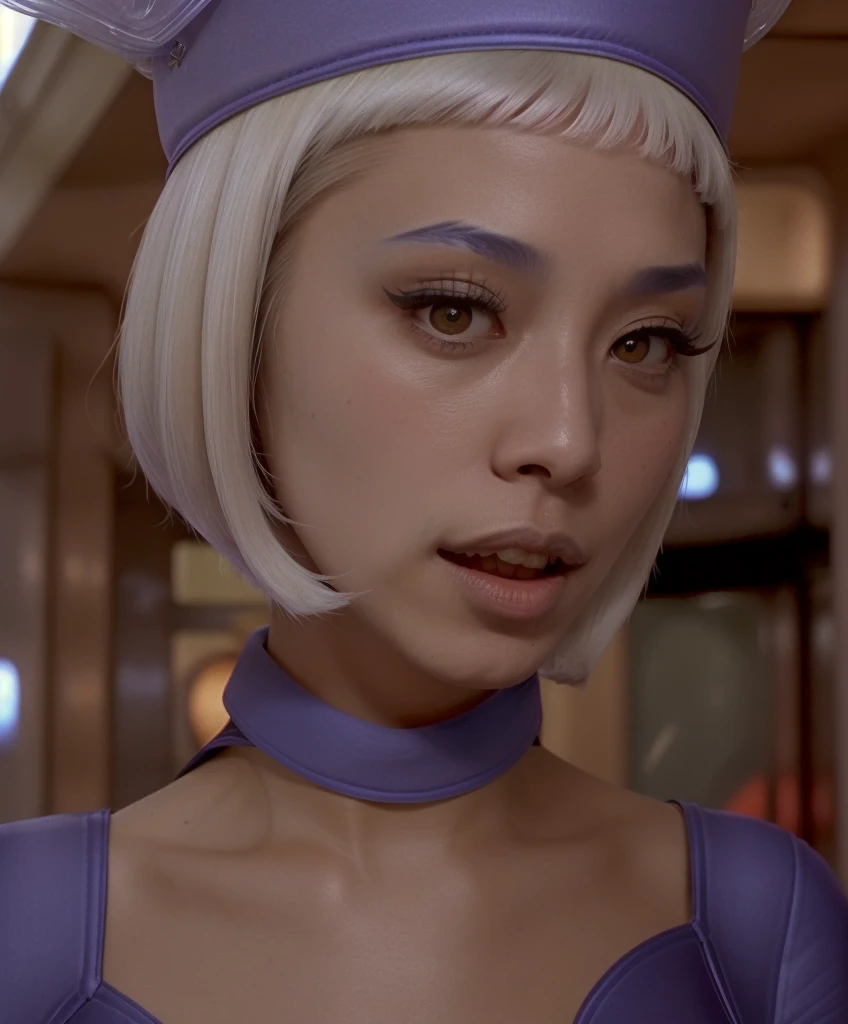 stewardess, 1girl, age19, Japanese skin, uniform, short skirt, in the style of fifth element, UHD, 8K, DSLR, intricate details, realistic, 