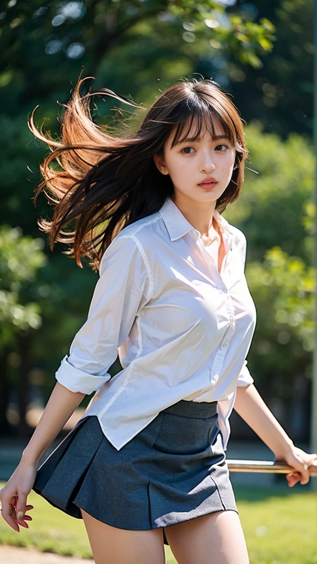 ((Extremely precise and accurate anatomy)), (((Low angle shooting、Looking into the camera:1.22,Leaning forward、Open shirt、No underwear)))、(((8K、Highest quality、masterpiece、Ultra-high resolution)))、(Realistic:1.4)、RAW Photos、(Real skin texture:1.3)、(Film Grain:1.1)、((Are standing、Skirt flutters in strong winds、Under the skirt、Do not bend your legs、don&#39;t bend your knees、Spread your thighs、Beachside、))、One Girl、Beautiful and detailed eyes and face、masterpiece、Highest quality、close、thin、Japanese Uniform、dynamic、barefoot、Various poses、