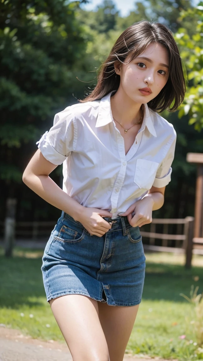 ((Extremely precise and accurate anatomy)), (((Low angle shooting、Looking into the camera:1.22,Leaning forward、Open shirt、No underwear)))、(((8K、Highest quality、masterpiece、Ultra-high resolution)))、(Realistic:1.4)、RAW Photos、(Real skin texture:1.3)、(Film Grain:1.1)、((Are standing、Skirt flutters in strong winds、Under the skirt、Do not bend your legs、don't bend your knees、Spread your thighs、Beachside、))、One Girl、Beautiful and detailed eyes and face、masterpiece、Highest quality、close、thin、Japanese Uniform、dynamic、barefoot、Various poses、