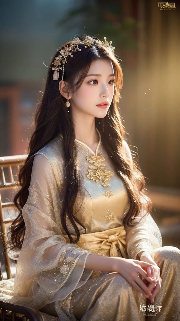 (lifelike, high resolution:1.3), close up,Sense of story,Realism,Chinese aesthetics,An ethereal Chinese goddess,Dressed in ethereal clothing,8 hands臂,8 hands,Arms open,Each hand holds a different instrument,Sitting cross-legged in front of the ancient and golden zither,Through subtle bright smoke and fog effects、Windblown locks、Bright Lights Game、Precise facial contours、Digital fantasy masterpiece evokes enchantment。