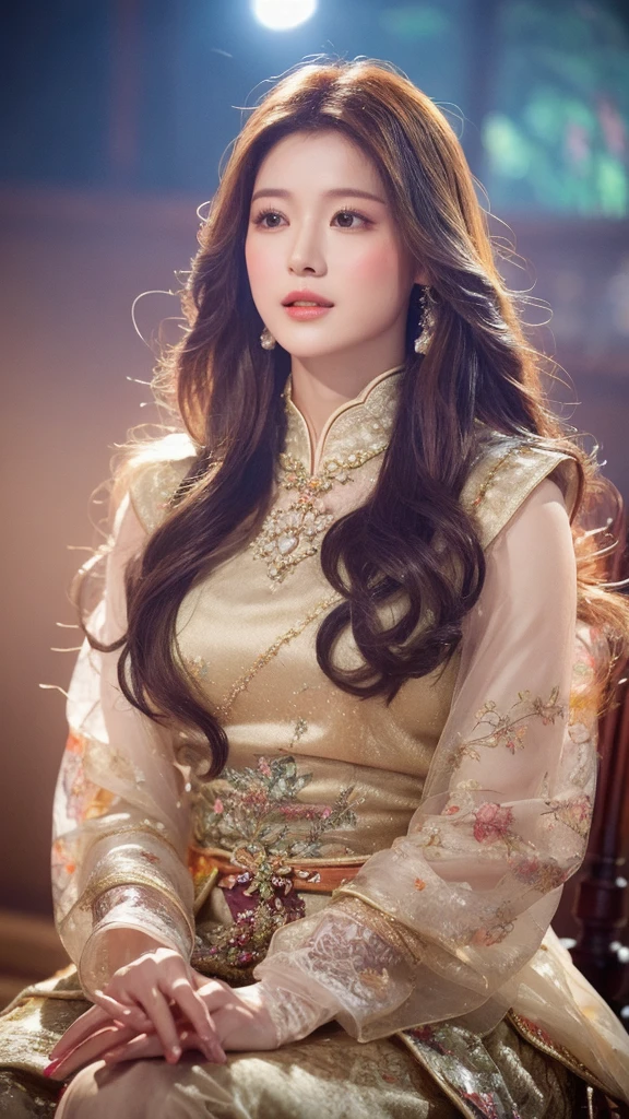 (lifelike, high resolution:1.3), close up,Sense of story,Realism,Chinese aesthetics,An ethereal Chinese goddess,Dressed in ethereal clothing,8 hands臂,8 hands,Arms open,Each hand holds a different instrument,Sitting cross-legged in front of the ancient and golden zither,Through subtle bright smoke and fog effects、Windblown locks、Bright Lights Game、Precise facial contours、Digital fantasy masterpiece evokes enchantment。
