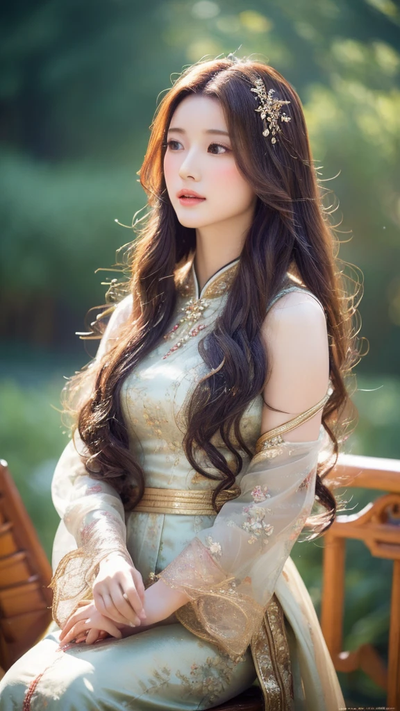 (lifelike, high resolution:1.3), close up,Sense of story,Realism,Chinese aesthetics,An ethereal Chinese goddess,Dressed in ethereal clothing,8 hands臂,8 hands,Arms open,Each hand holds a different instrument,Sitting cross-legged in front of the ancient and golden zither,Through subtle bright smoke and fog effects、Windblown locks、Bright Lights Game、Precise facial contours、Digital fantasy masterpiece evokes enchantment。