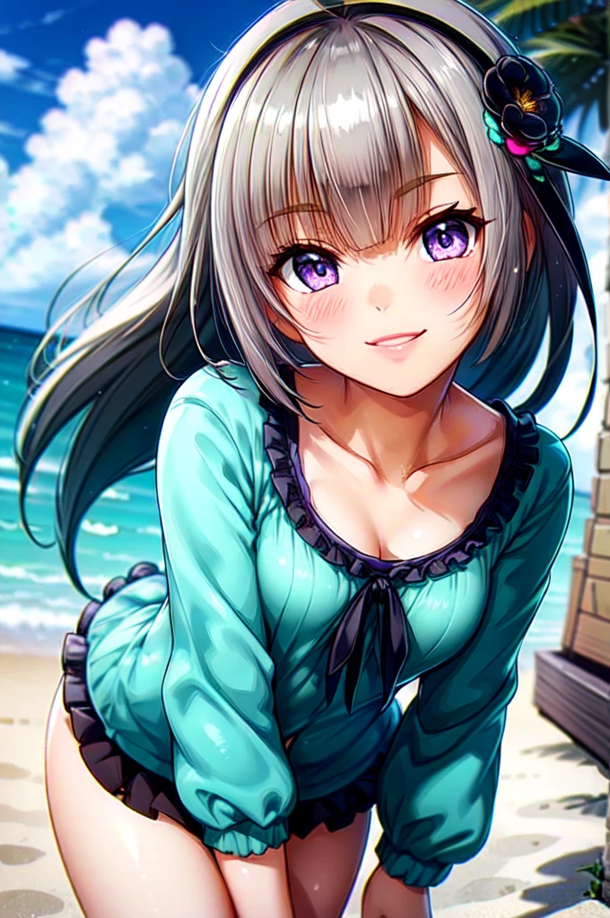 very cute and beautiful girl,(Very exquisite beautiful face and eyes),short hair、Purple Eyes、Ahoge、hair ornaments、Gray Hair、Pink camisole,Cute frilled petticoat,
(smile:1.2),Happy,View your viewers,Black Hair,Cowboy Shot,Detailed legs,Beach,Tropical Resort,
(Highest quality,masterpiece),Absurd,High resolution,Super detailed,Very detailed,32k,8K resolution,
Intricate details,Movie Scenes,Detailed Background,alone,Dynamic Angle,
Natural light,Hair blowing in the wind,Beautifully detailed skies,