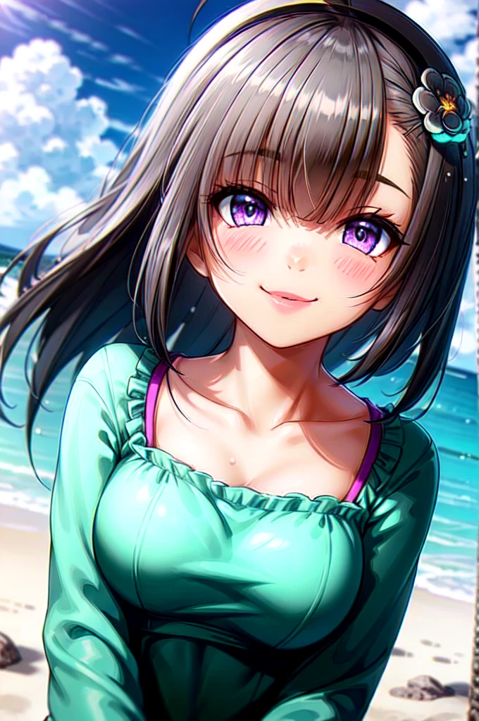 very cute and beautiful girl,(Very exquisite beautiful face and eyes),short hair、Purple Eyes、Ahoge、hair ornaments、Gray Hair、Pink camisole,Cute frilled petticoat,
(smile:1.2),Happy,View your viewers,Black Hair,Cowboy Shot,Detailed legs,Beach,Tropical Resort,
(Highest quality,masterpiece),Absurd,High resolution,Super detailed,Very detailed,32k,8K resolution,
Intricate details,Movie Scenes,Detailed Background,alone,Dynamic Angle,
Natural light,Hair blowing in the wind,Beautifully detailed skies,