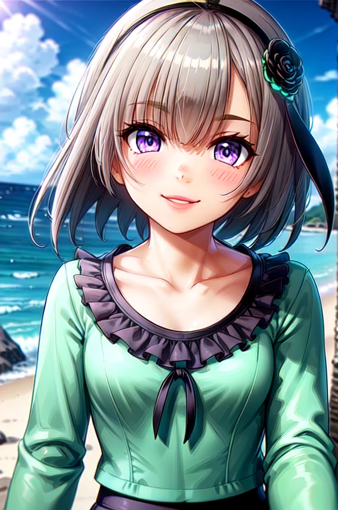 very cute and beautiful girl,(Very exquisite beautiful face and eyes),short hair、Purple Eyes、Ahoge、hair ornaments、Gray Hair、Pink camisole,Cute frilled petticoat,
(smile:1.2),Happy,View your viewers,Black Hair,Cowboy Shot,Detailed legs,Beach,Tropical Resort,
(Highest quality,masterpiece),Absurd,High resolution,Super detailed,Very detailed,32k,8K resolution,
Intricate details,Movie Scenes,Detailed Background,alone,Dynamic Angle,
Natural light,Hair blowing in the wind,Beautifully detailed skies,