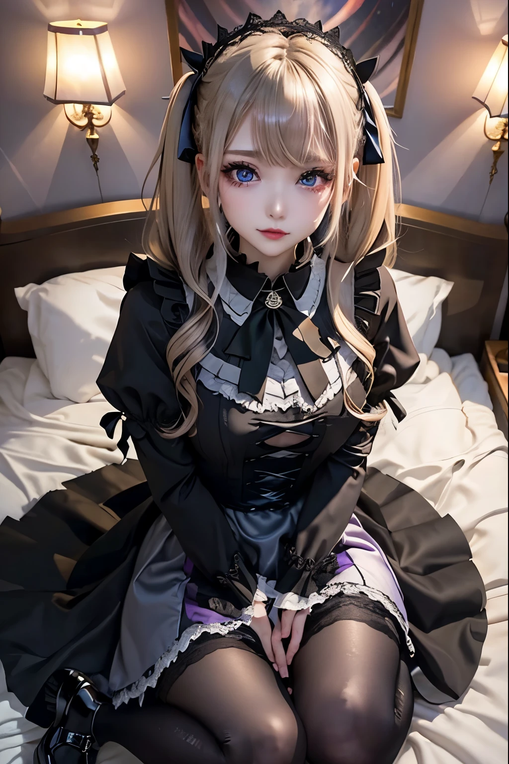 ハードなDark Gothicメイク、Black dark eyeshadow、sad、Good skin radiance、Dark Gothicメイク、Dark smile、palace、The beauty of fragrance、24-years-old、Expression of intense sexual pleasure、Embarrassed look、Dark Gothic、Highest quality、Expression of sexual pleasure without pain、Drunk face、Purple maid outfit、Mysterious、Noble、sexy、Loving smile、Twin tail hair、Right blue eye、Left eye is red、Super tempting pose、Platform Heel Shoes、Heavy makeup、Gothic Lolita clothes、Silver Hair、Long Hair Straight Hair、Cute Gothic Lolita Dress、Beautiful Face、elegant features、Attractive face、Stained glassを背景に、Chest glistening with sweat、The room is dark、goth long dress、Bell Sleeves、Wizard Sleeve、Decadent look、Sexually excited expression、Glossy thighs wet with water、Thighs that are wet and shiny with oil、Background of a room full of roses、sad表情、Rose Maiden、The embroidery is pink、The dress has pink embroidery.、Thigh-high socks、Knee-high socks、Gentle expression、Dark black eyeshadow、Stained glassとバラの背景、thighs are a little thin、Female Duo、Female couple、dark church background、Stained glass、Black metal world、Dark Castle、Dark Room、Slender body、gothic long dress、Victorian dress、Small breasts、Hold the wine in your right hand、Hold the lantern in your left hand、pantyhose、The bed is covered with roses、Her thighs are shining with sweat、My body is wet and shiny、Lots of glitter on the thighs、sweating、私の太ももはsweatingでベタベタしている、Sweat glistening on my thighs、The whole body is sweaty and shiny、I sweated a lot.、My thighs are sweaty、Wet thighy thighs are shining with sweat、A lot of sweat glistening all over the body、Slender body、Put your head on the pillow、Sleeping on a bed、Beautiful legs、Stretching legs、Lie down in bed、Lie on your back in bed、