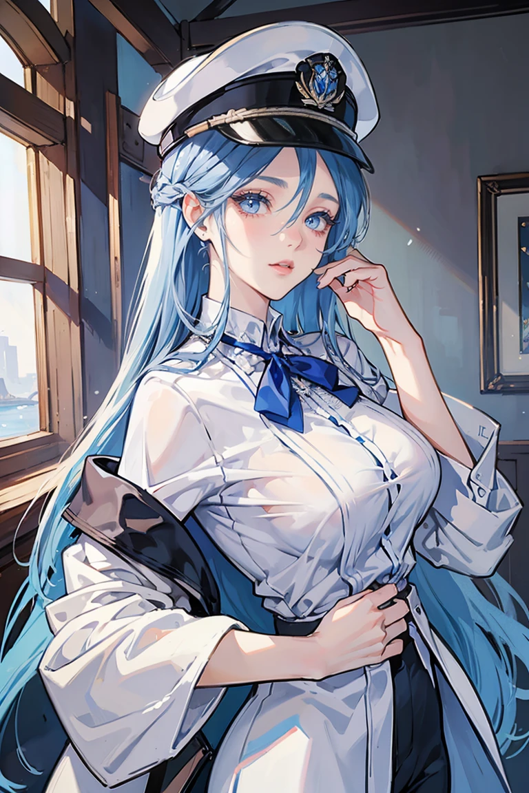 (masterpiece), best quality, seductive eyes, mature woman, blue eyes, long blue hair, long eyelashes, white shirt, black pants, peaked cap, big breast, anime cover, 1girl, tall 

