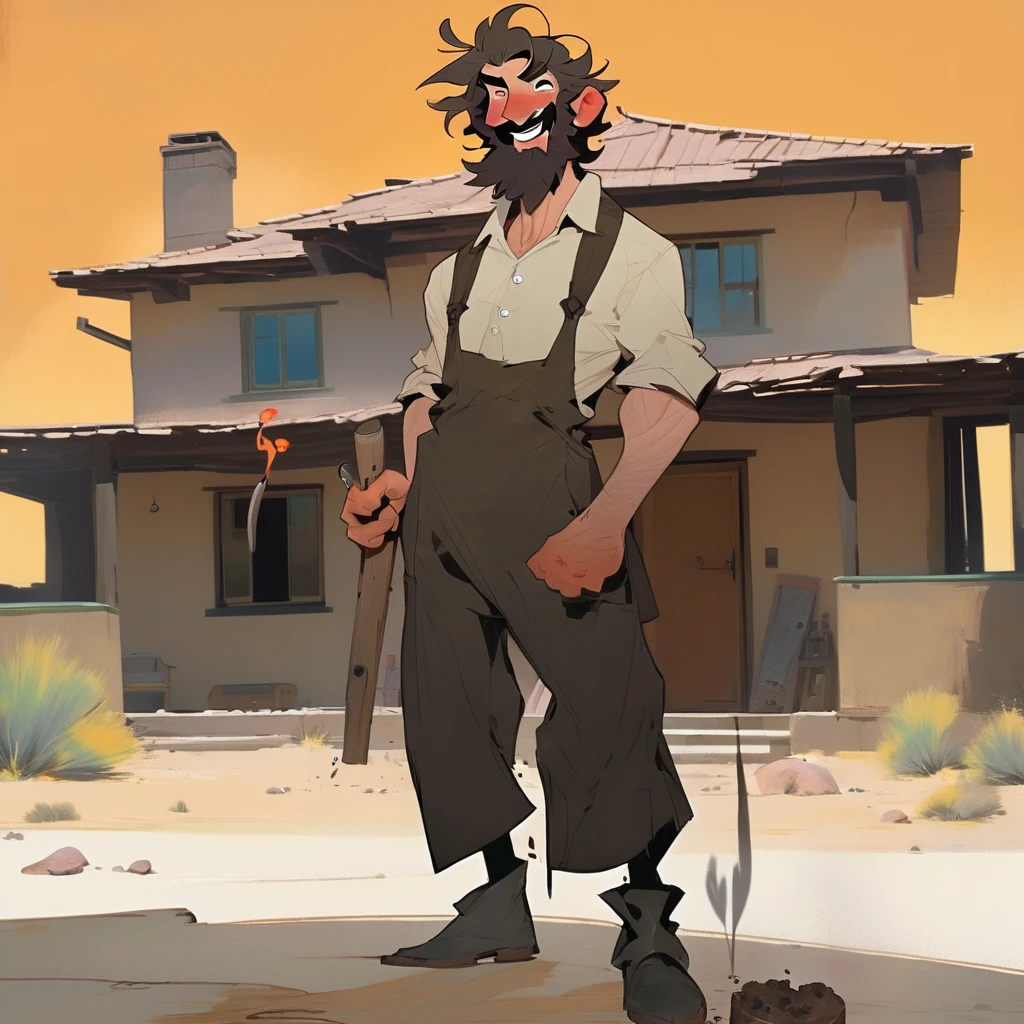 score_9, score_8_up, score_7_up, score_6_up, score_5_up, score_4_up, 1man, Western, black wavy Messy hair, burnt hair, Leather apron, White button-down shirt, black pants patched, Failed beard, young adult, Thin, full body, Holding a Dynamite bomb, outside a house in the desert, Dirty with soot, Laughing, explosives, dynamite, Hunchback, Poorly groomed beard, failed beard