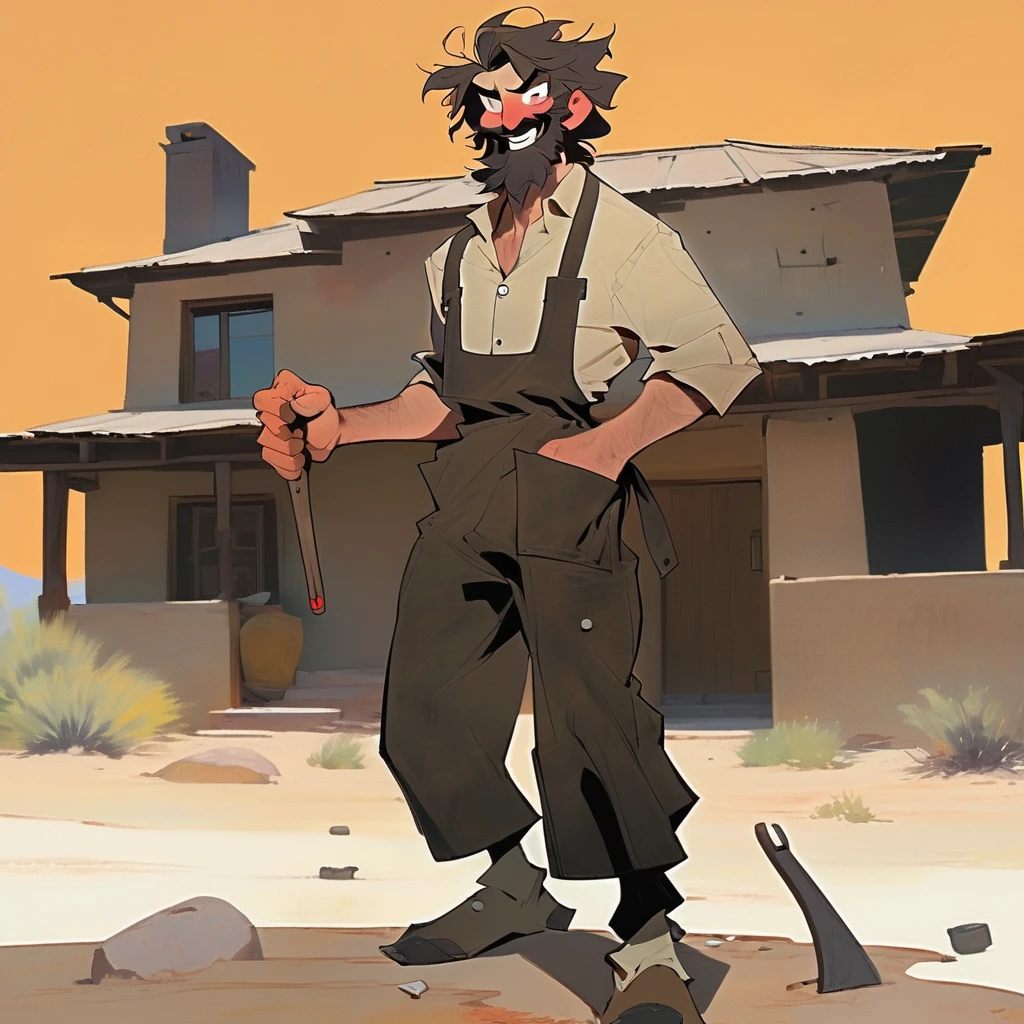 score_9, score_8_up, score_7_up, score_6_up, score_5_up, score_4_up, 1man, Western, black wavy Messy hair, burnt hair, Leather apron, White button-down shirt, black pants patched, Failed beard, young adult, Thin, full body, Holding a Dynamite bomb, outside a house in the desert, Dirty with soot, Laughing, explosives, dynamite, Hunchback, Poorly groomed beard, failed beard