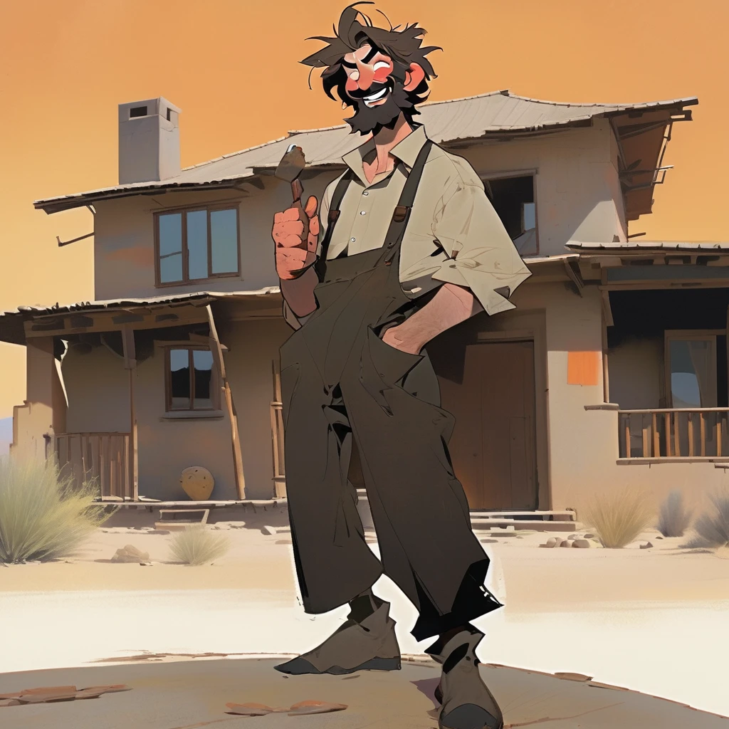 score_9, score_8_up, score_7_up, score_6_up, score_5_up, score_4_up, 1man, Western, black wavy Messy hair, burnt hair, Leather apron, White button-down shirt, black pants patched, Failed beard, young adult, Thin, full body, Holding a Dynamite bomb, outside a house in the desert, Dirty with soot, Laughing, explosives, dynamite, Hunchback, Poorly groomed beard, failed beard