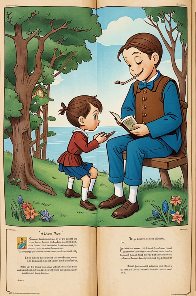 Please create an illustration for the book Pinocchio reading an ABC book 