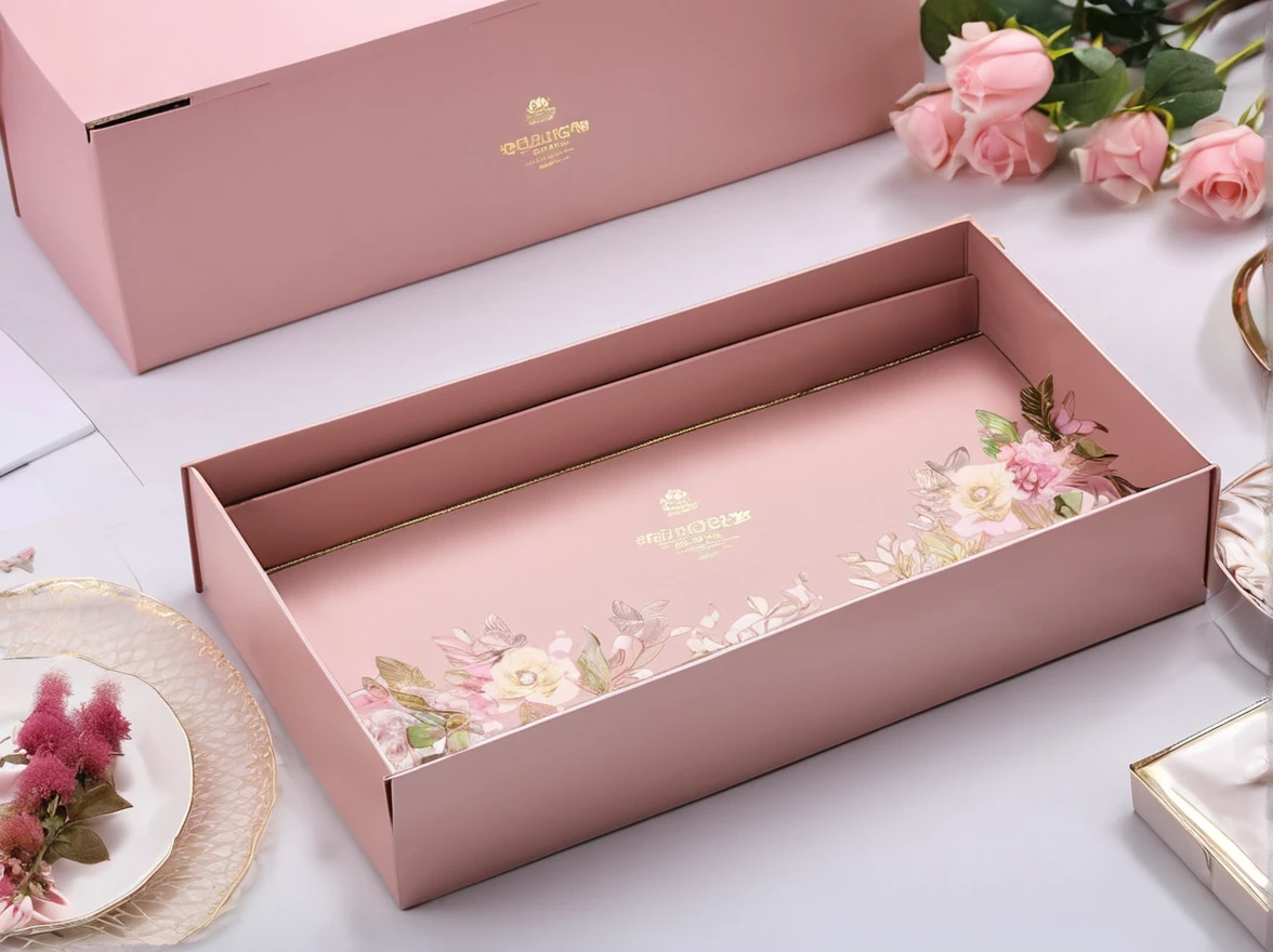 Design underwear packaging boxes that are popular with women, Rectangular pull-out box，Size 34*18*5cm，The outer packaging should be light pink, It has a European simple and romantic style, It looks very nice。The golden fonts and patterns will make the outer packaging look particularly luxurious。Pink flowers，Flowers with golden edges, Only a rectangular box, Large front image