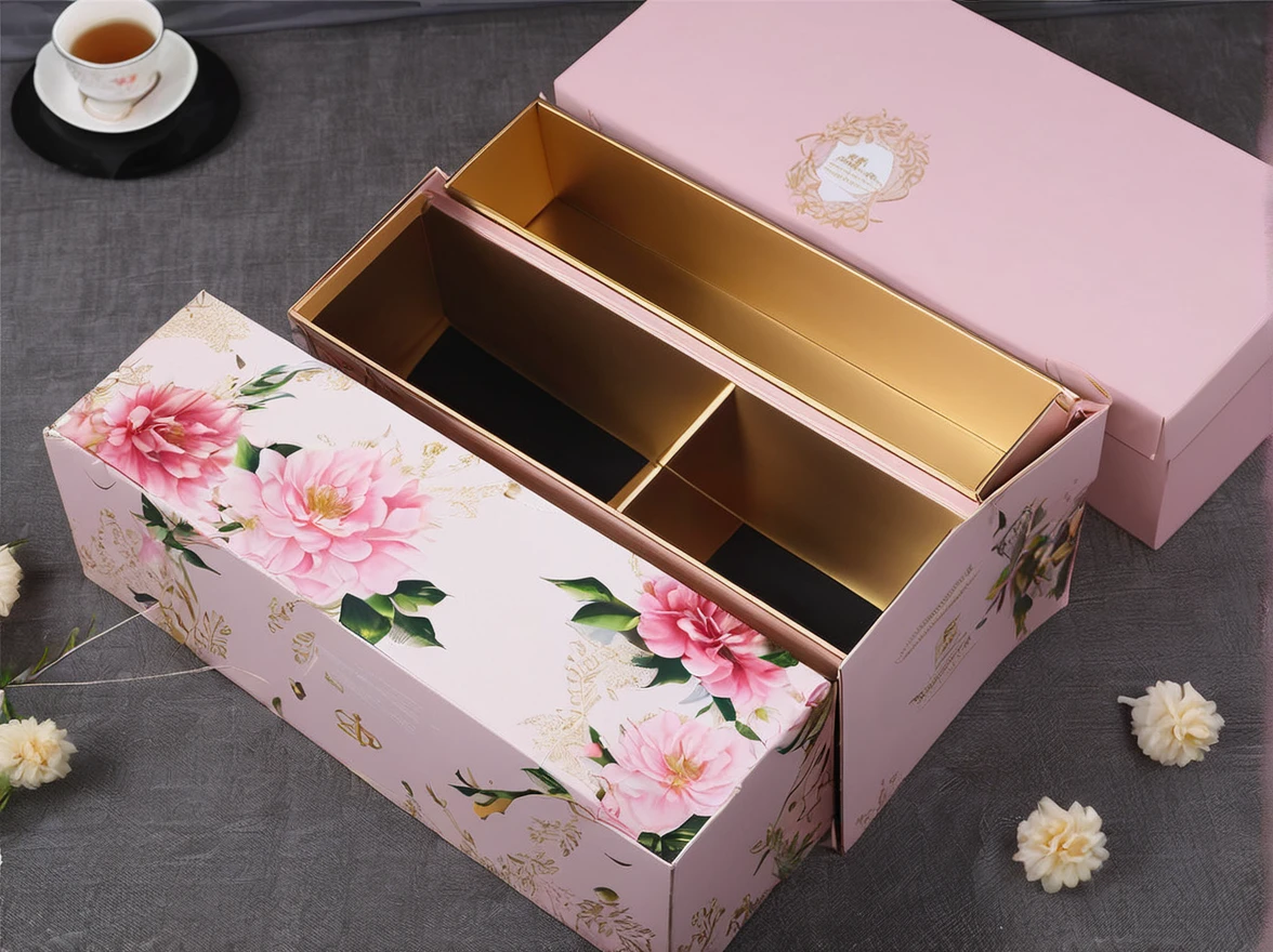 Design underwear packaging boxes that are popular with women, Rectangular pull-out box,Size 34*18*5cm,The outer packaging should be light pink, It has a European simple and romantic style, It looks very nice。The golden fonts and patterns will make the outer packaging look particularly luxurious。Pink flowers,Flowers with golden edges, Only a rectangular box, Large front image