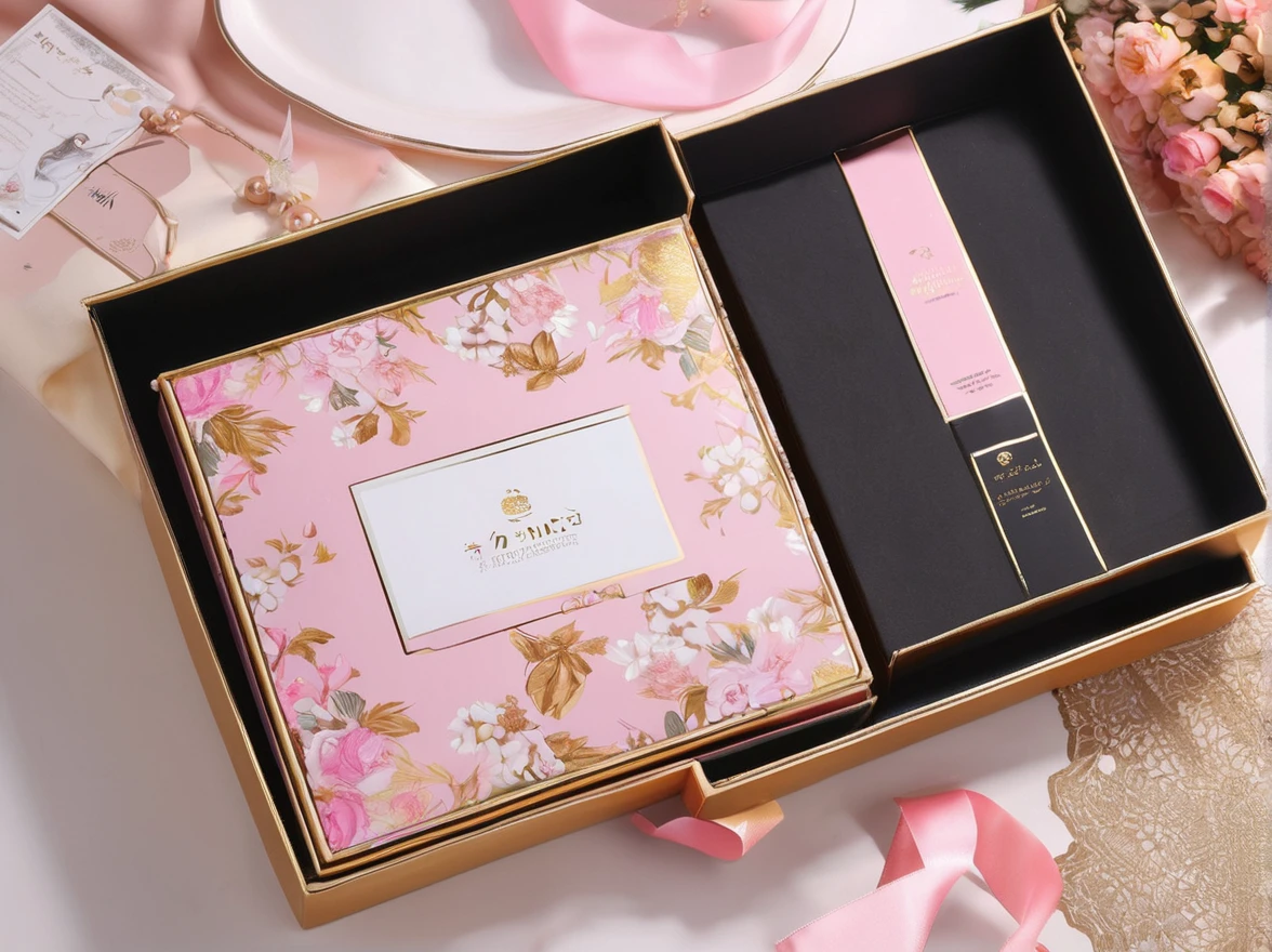 Design underwear packaging boxes that are popular with women, Rectangular pull-out box,Size 34*18*5cm,The outer packaging should be light pink, It has a European simple and romantic style, It looks very nice。The golden fonts and patterns will make the outer packaging look particularly luxurious。Pink flowers,Flowers with golden edges, Only a rectangular box, Large front image