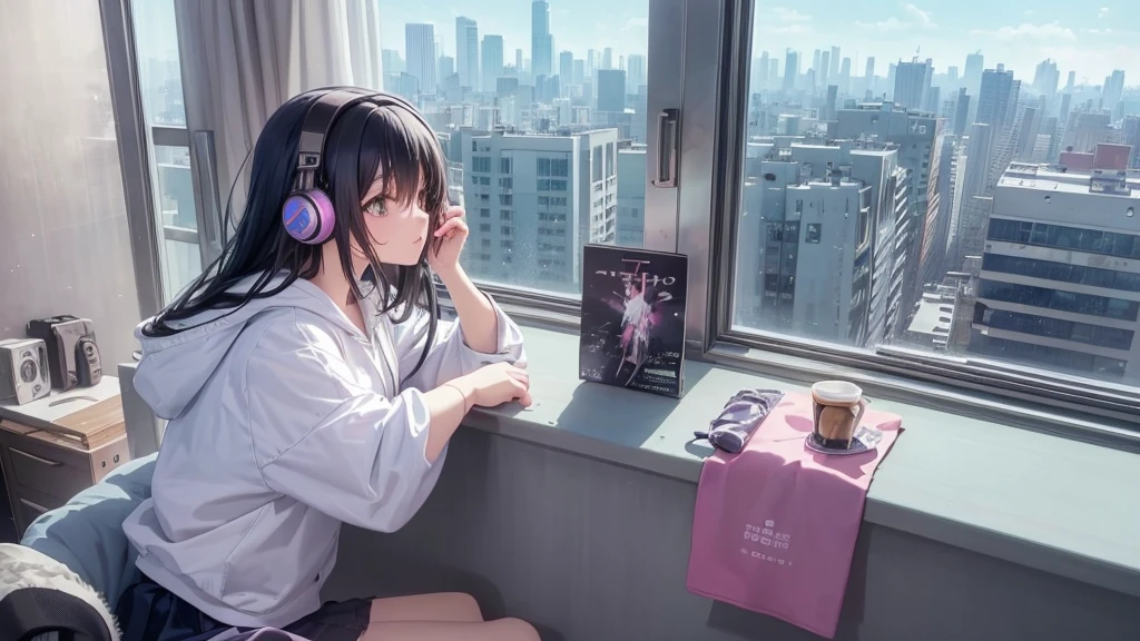 (Official Art, beautifully、mysterious:1.2), Ultra-high resolution, 8K, Anime Art Wallpaper, Works by Makoto Xin Haicheng, Lofi Art Style, Correct human body composition, Striking eyes, Oversized hoodie and short skirt, Shiny long black hair, Larger than average bust, Girl listening to music with headphones, Looking out the window, Coffee on the desk, lo-fi girl, Anime atmosphere, Anime Aesthetics, Lo-fi feel, City Room, Teenage Girl's Room, A room for music lovers, city view from the window, Impressive cityscape, Bright Sky