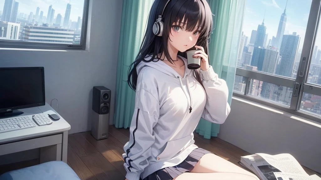 (Official Art, beautifully、mysterious:1.2), Ultra-high resolution, 8K, Anime Art Wallpaper, Works by Makoto Xin Haicheng, Lofi Art Style, Correct human body composition, Striking eyes, Oversized hoodie and short skirt, Shiny long black hair, Larger than average bust, Girl listening to music with headphones, Looking out the window, Coffee on the desk, lo-fi girl, Anime atmosphere, Anime Aesthetics, Lo-fi feel, City Room, age Girl's Room, A room for music lovers, city view from the window, Impressive cityscape, Bright Sky
