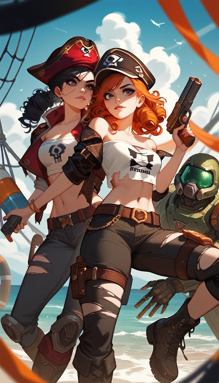 (Fraction_9,Fraction_8_Direction_7_up),(1 woman),pirate,cap,Off-shoulder,curls,White torn tube top,European and American clothing,Leather boots black pants,Holding a gun, doom , League of Legends Characters,