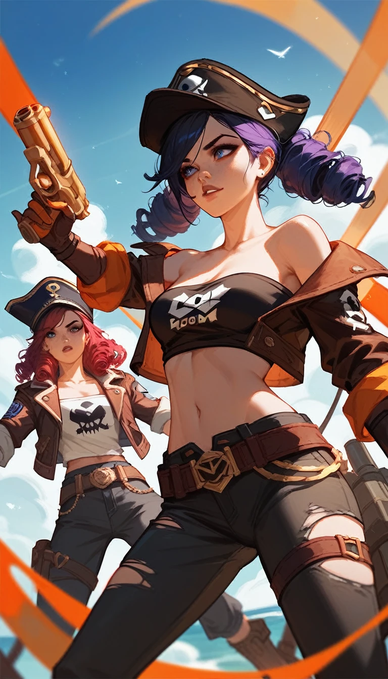 (Fraction_9,Fraction_8_Direction_7_up),(1 woman),pirate,cap,Off-shoulder,curls,White torn tube top,European and American clothing,Leather boots black pants,Holding a gun, doom , League of Legends Characters,