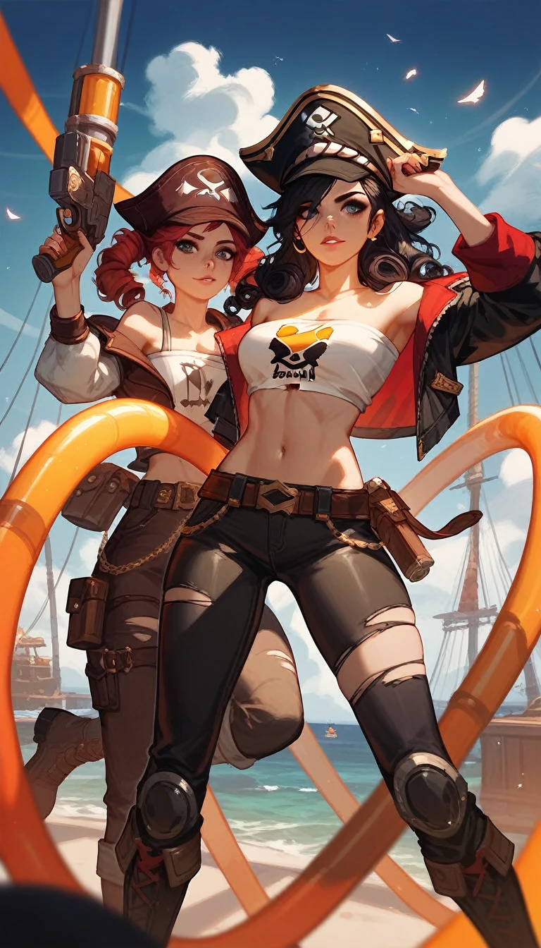 (Fraction_9,Fraction_8_Direction_7_up),(1 woman),pirate,cap,Off-shoulder,curls,White torn tube top,European and American clothing,Leather boots black pants,Holding a gun, doom , League of Legends Characters,