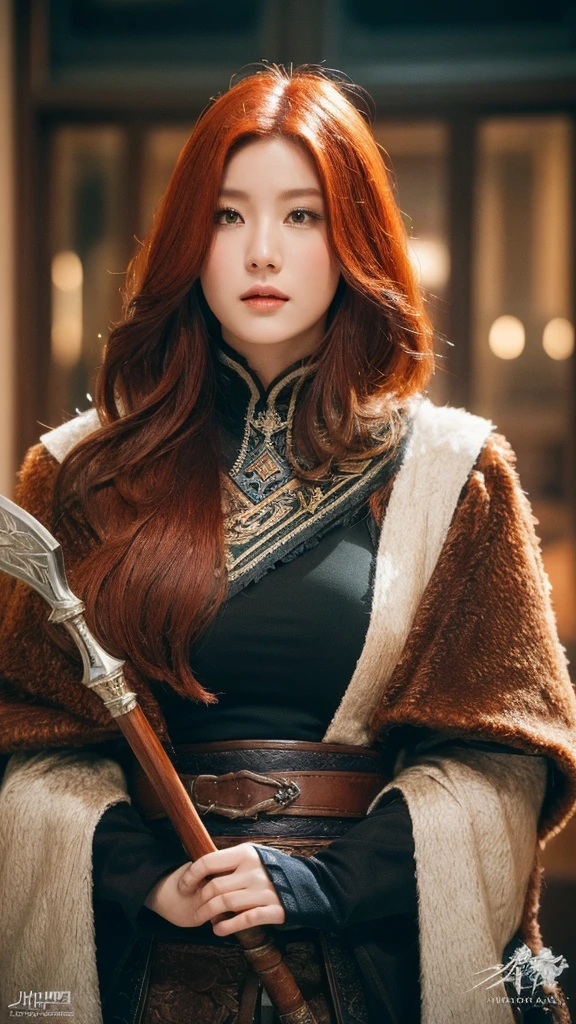 （lifelike， high resolution：1.3）， close up，Sense of story，Realism，Chinese aesthetics，A Mysterious Asian Warrior Princess，
Redhead shawl,Viking Warframe,Fur cape,Nordic fjords,Holding a tomahawk