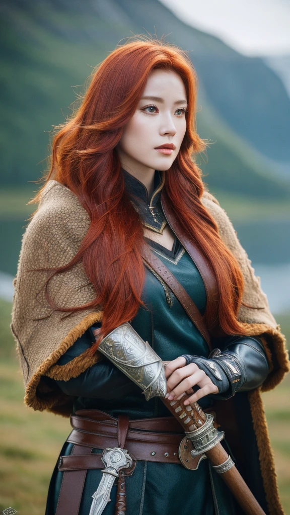 （lifelike， high resolution：1.3）， close up，Sense of story，Realism，Chinese aesthetics，A Mysterious Asian Warrior Princess，
Redhead shawl,Viking Warframe,Fur cape,Nordic fjords,Holding a tomahawk