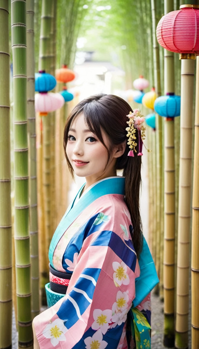 ((a girl in a yukata)),((Tanabata festival, decorated all bamboos:1.37)), ((many colorful strips of paper hanging from the bamboo branches:1.27)),