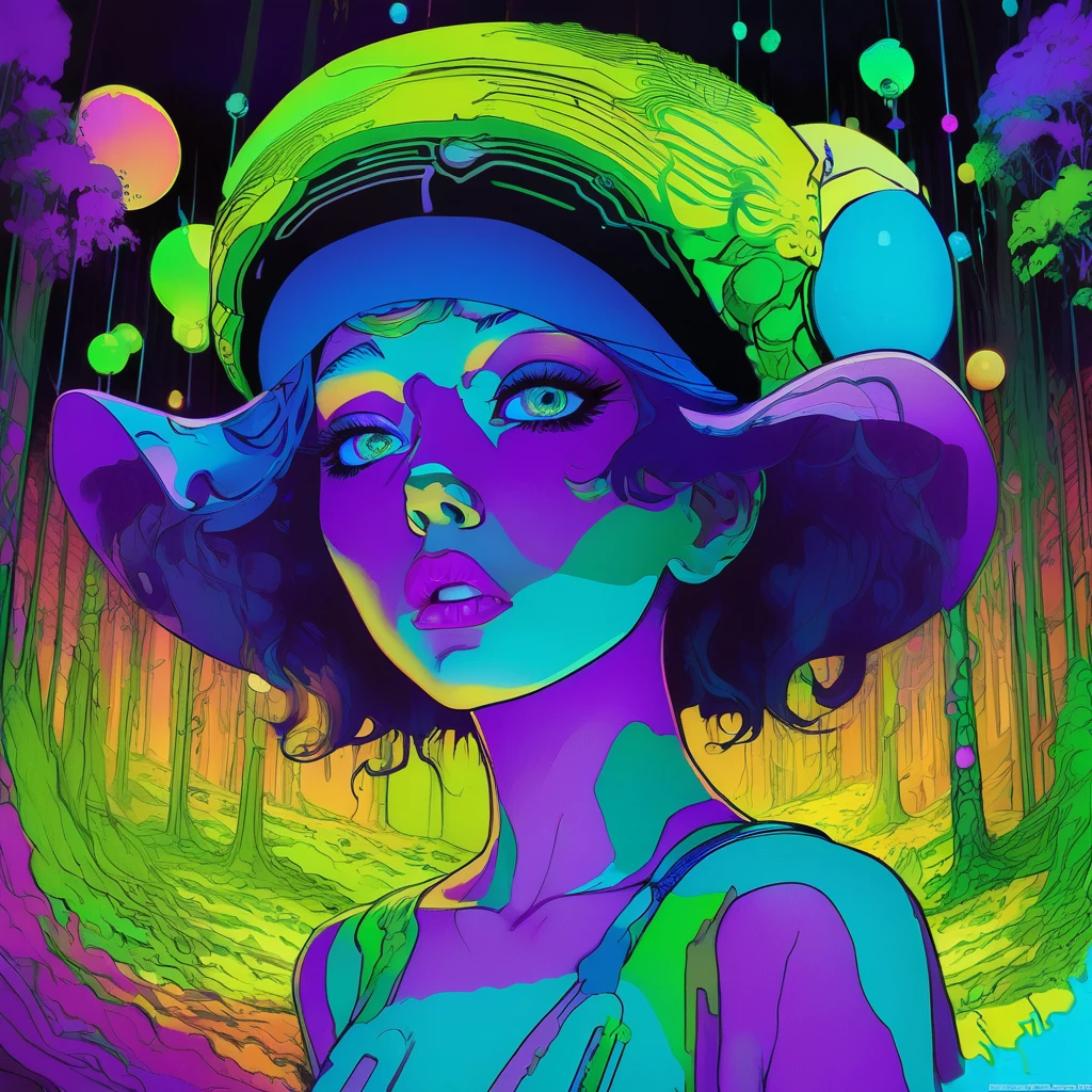 portrait | wide angle shot of eyes off to one side of frame, lucid dream-like woman, looking off in distance ::8 style | daydreampunk with glowing skin and eyes, styled in headdress, beautiful, she is dripping in neon lights, very colorful blue, green, purple, bioluminescent, glowing ::8 background | forest, vivid neon wonderland, particles, blue, green, purple ::7 parameters | rule of thirds, golden ratio, assymetric composition, hyper- maximalist, octane render, photorealism, cinematic realism, unreal engine, 8k