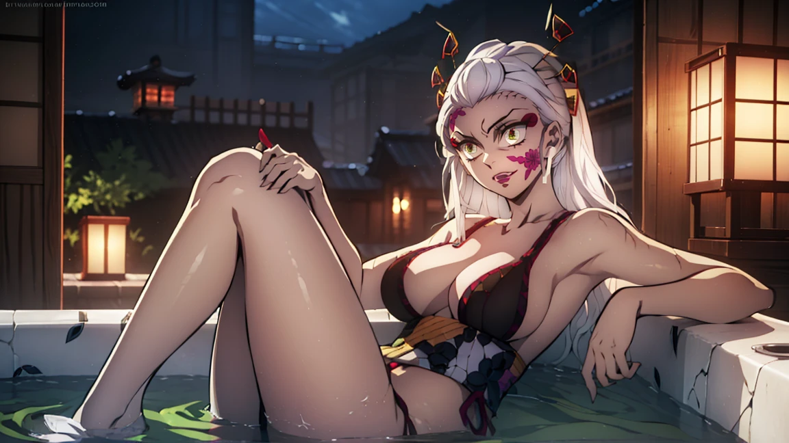 One Demon Girl, looks at the camera, Portrait of a girl, Beautiful waist, night, ancient japan, very sexy, In the bath, grin, fangs, mouth open, fangs, smile, White hair, erotica, very sexy, beautiful body is completely visible, masterpiece, Best quality, full length (Full body 1.1.), Beautiful waist, good feet, high quality, long hair, White hair. Highly detailed face, depth of field, HDR, very detailed, ray tracing, whole body, dark fantasy, Demon's tattoo, very beautiful, Beautiful ., 1 girl, solo, I look at the viewer, black hair, hair ornament, jewelry, closed mouth, green eyes, yellow eyes, japanese clothes, kimono, draw up, pomade, slit pupils, Brilliant eyes, wicked, Red lips, hair stick