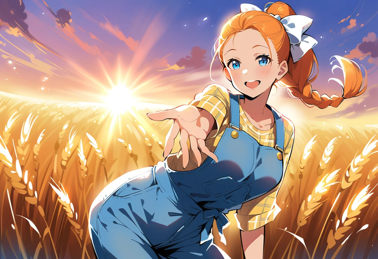 pewarnaan character, visual illustration, @ANN, ann \(harvest moon\), ran \(bokujou monogatari\), aged up, 1girl, ponytail, braid, braided ponytail, single braid, forehead, solo, (overalls), outdoors, sky, wheat, field, (blue overalls), smile, blue eyes, wheat field, looking at viewer, breasts, long sleeves, yellow shirt, orange hair, blonde hair, cowboy shot, collarbone, collared shirt, cleavage, denim, upper teeth only, medium breasts, standing, teeth, oversized clothes, long hair, partially unbuttoned, pants, oversized shirt, buttons, head tilt, flat chest, hair bow, white bow, tomboy, round teeth, plaid shirt, denim overalls, mature female, tall, tall female, slim body, freckles, twilight, cloudy sky, scenery, reaching, grass, floating braid, sunset, cloud, scenery, jeans, bow, hair ribbon, sparkle, sunbeam, light rays, highres, 4k, 8k